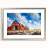 Framed landscape wall art collection showcasing a rustic barn design with a silver frame and matting, ideal for home decor, adding a touch of elegance.