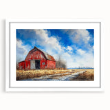Framed wall art collection featuring a serene landscape with a rustic barn, displayed in a white mat and frame, ideal for enhancing home decor with a touch of rural charm.