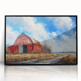 Framed acrylic wall art featuring a scenic landscape with rustic barns against a vibrant sunset, designed to enhance home decor with a modern touch.