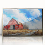Framed wall art collection showcasing a picturesque landscape featuring a rustic barn against a golden sunset. The acrylic frame enhances the vibrant colors, making it a stunning centerpiece for home decor.