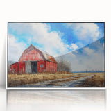 Framed acrylic wall art showcasing a serene landscape with rustic barns under a soft blue sky, designed to enhance home decor with a touch of nature's beauty.