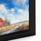 Framed canvas wall art showcasing a picturesque landscape of a rustic barn surrounded by vibrant greenery, ideal for enhancing home decor with country charm.