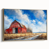 Framed canvas wall art featuring a serene landscape with a rustic barn, surrounded by lush greenery and a golden frame, perfect for enhancing home decor.