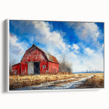 Framed canvas wall art featuring a picturesque landscape of a rustic barn surrounded by lush greenery, designed to enhance home decor with natural charm.