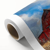 Rustic barn landscape wall art printed on rolled canvas, showcasing warm earthy tones and serene countryside scenery, ideal for home decor or a cozy atmosphere.