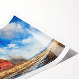 Rustic landscape wall art print showcasing a vibrant barn scene with rolling green hills and a clear blue sky, perfect for home decor and rustic themes.