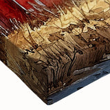 Close-up of a vibrant stretched canvas featuring a rustic barn landscape design, showcasing rich colors and detailed textures, perfect for home decor enhancement.