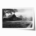 Rustic barn landscape wall art print showcasing vibrant green fields and a serene blue sky, perfect for farmhouse decor. Ideal for enhancing interior spaces with natural beauty.