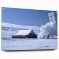 Acrylic glass artwork depicting a serene landscape with rustic barns against a vibrant sky, showcasing detailed textures and vivid colors, perfect for home decor.