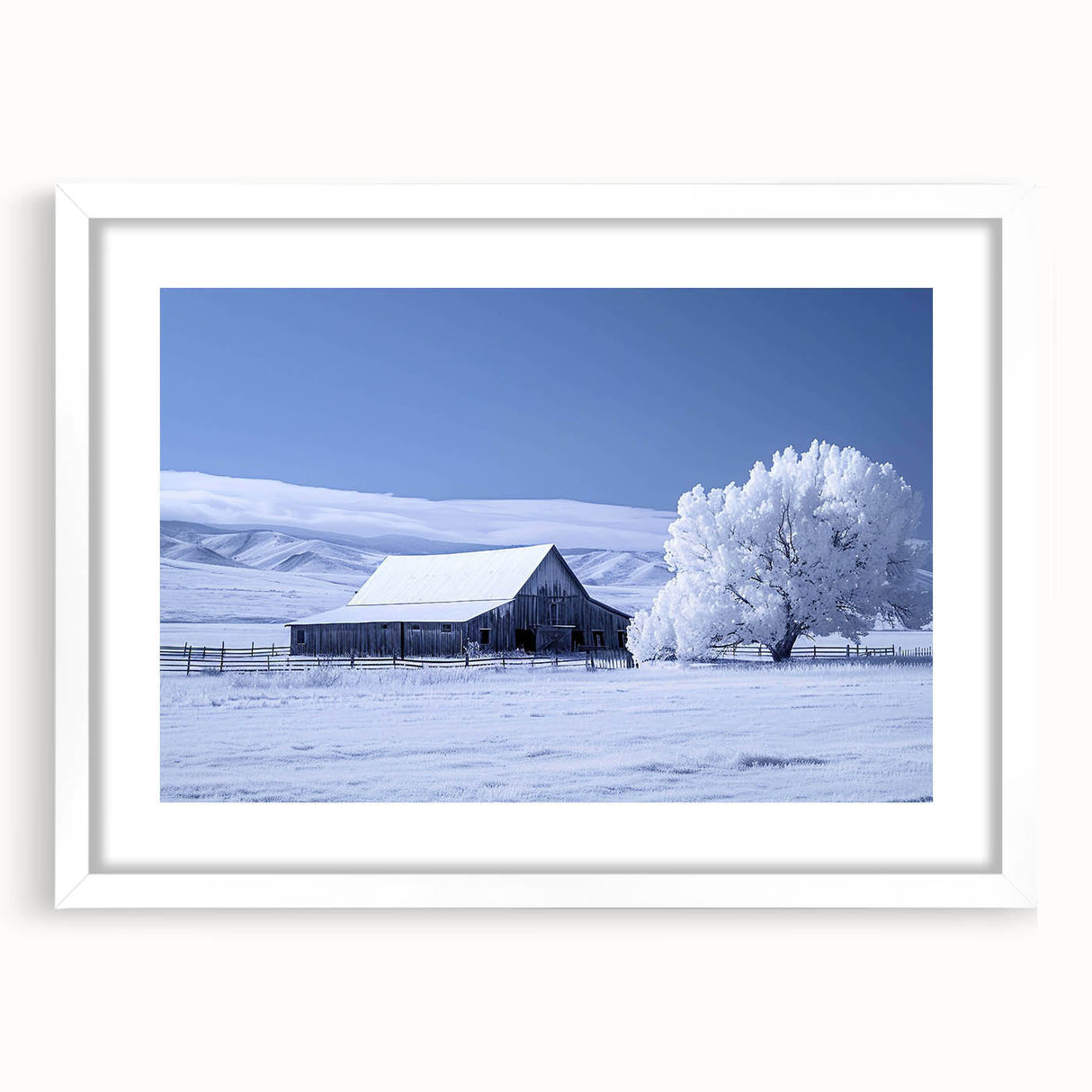 Framed wall art showcasing a serene landscape with rustic barns, featuring a white mat and elegant frame, perfect for enhancing home decor in a modern setting.