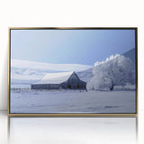 Framed acrylic wall art featuring a scenic landscape with a rustic barn, highlighted by a gold frame. Ideal for enhancing home decor with a touch of nature.