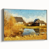 Framed canvas wall art showcasing a serene landscape with a rustic barn, highlighted by silver framing and a side view perspective, perfect for home decor.