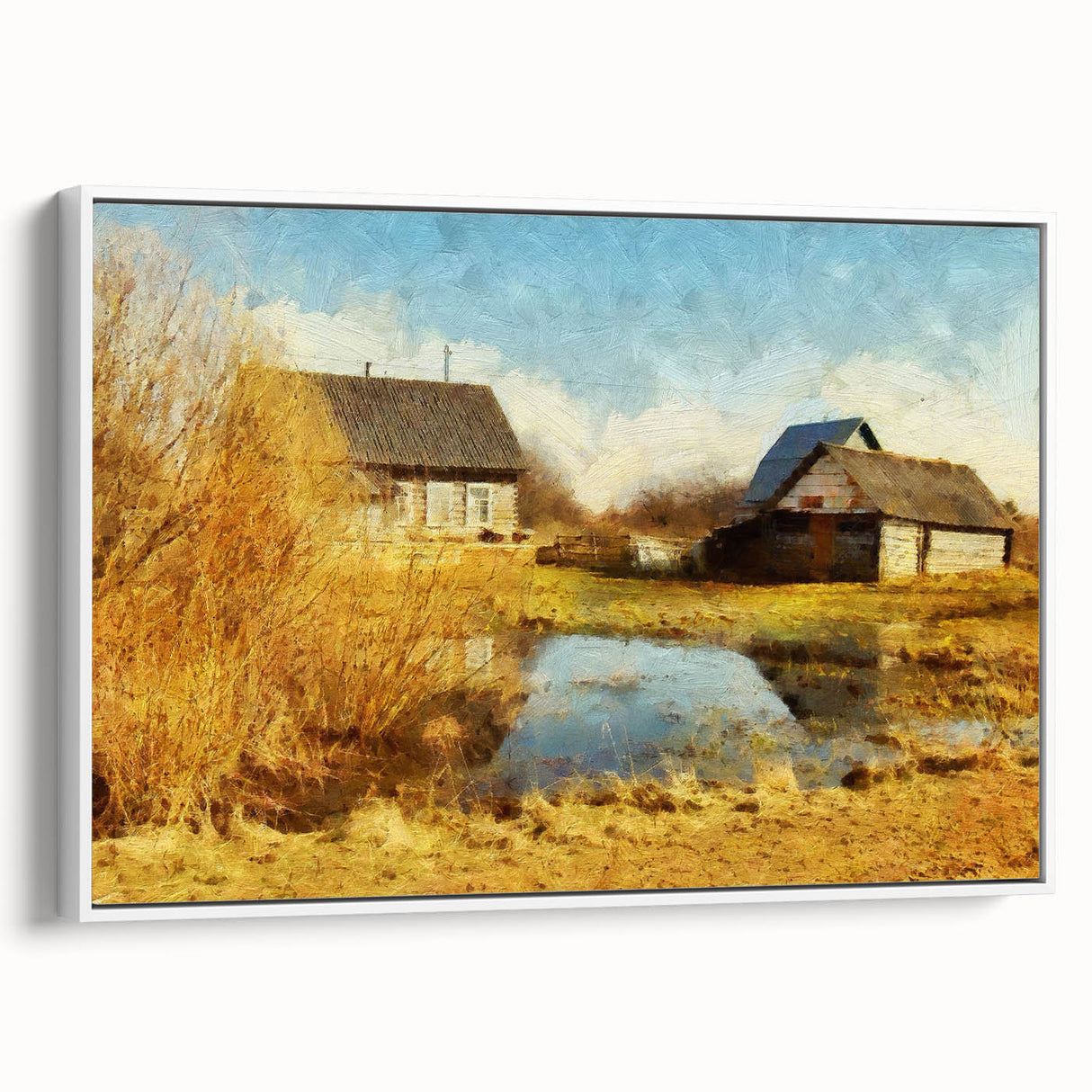 Framed canvas wall art depicting a serene landscape with a rustic barn, set against a tranquil sky, perfect for enhancing home decor. Ideal for country-themed interiors.