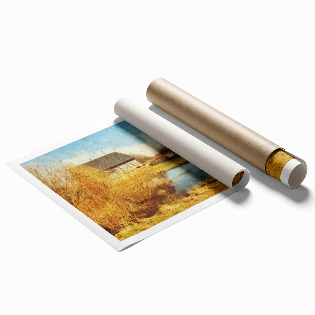Rolling hills and a rustic red barn under a vibrant blue sky, this wall art print captures serene rural landscapes, perfect for home decor enthusiasts.