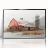 Framed acrylic wall art showcasing a serene landscape with rustic barns, featuring a silver frame that enhances its elegance, perfect for home decor.