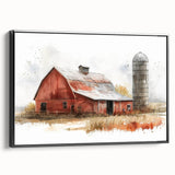 Framed canvas wall art showcasing a picturesque landscape featuring a rustic barn, with a black frame highlighting its natural beauty. Ideal for home decor enthusiasts.