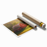 Vibrant rolled print of a rustic barn landscape, showcasing rich colors and detailed textures, ideal for farmhouse decor or country-themed interior design.