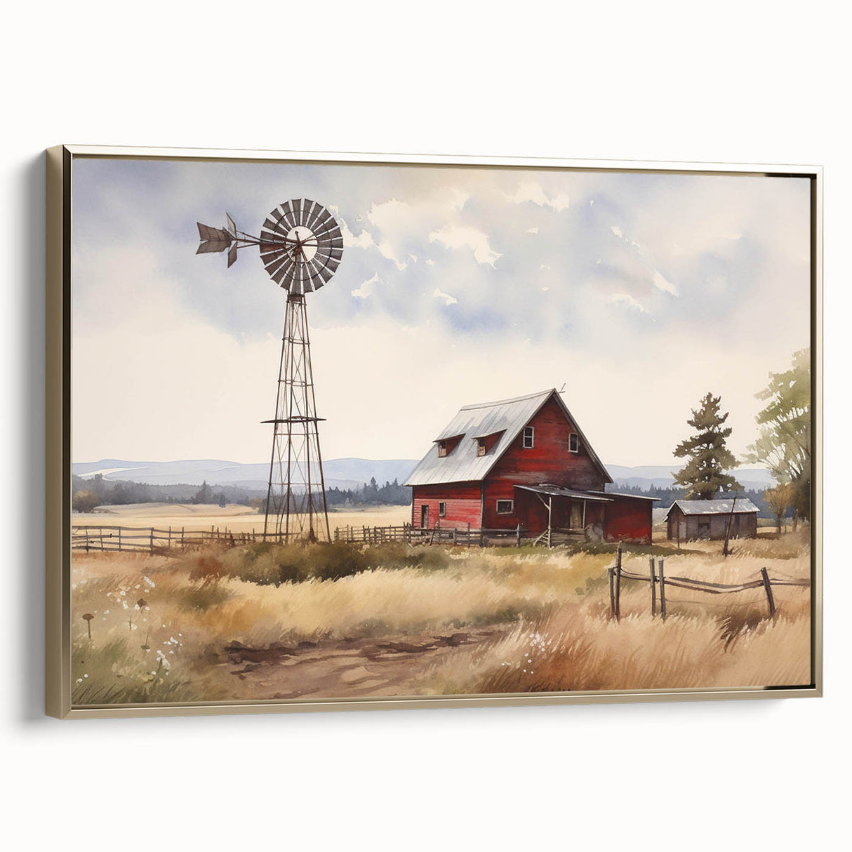 Framed canvas wall art showcasing a picturesque landscape with a rustic barn, featuring gold accents and a side view perspective, perfect for home decor.