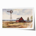 Rustic barn landscape wall art print showcasing vibrant fields and a clear blue sky, rolled for easy shipping and display. Ideal for farmhouse decor enthusiasts.