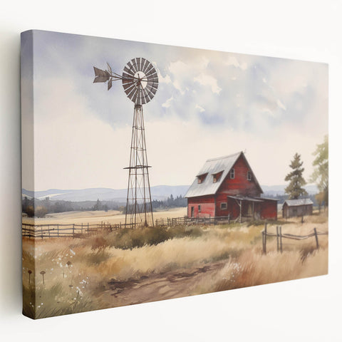 Stretched canvas artwork showcasing a serene landscape with rustic barns set against a vibrant sunset, perfect for enhancing home decor and creating a calming atmosphere.