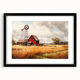 Framed black wall art showcasing a serene landscape with a rustic barn, emphasizing earthy tones and a natural setting, perfect for home decor.