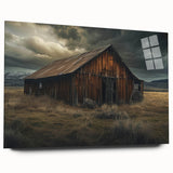 Side view of a vibrant acrylic wall art piece showcasing a serene barn landscape, designed for modern home decor, highlighting rich colors and intricate details.
