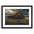 Framed black wall art showcasing a serene landscape of rustic barns, featuring a sleek mat design for an elegant presentation, ideal for home decor.