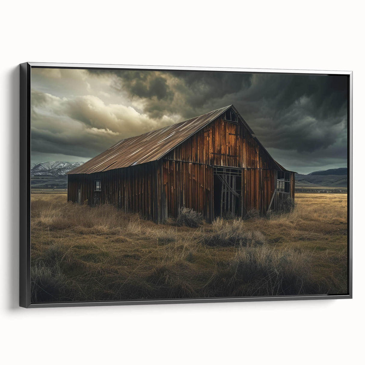 Framed canvas wall art depicting a serene landscape with barn structures, featuring a black frame and side view, perfect for home decor and rustic themes.