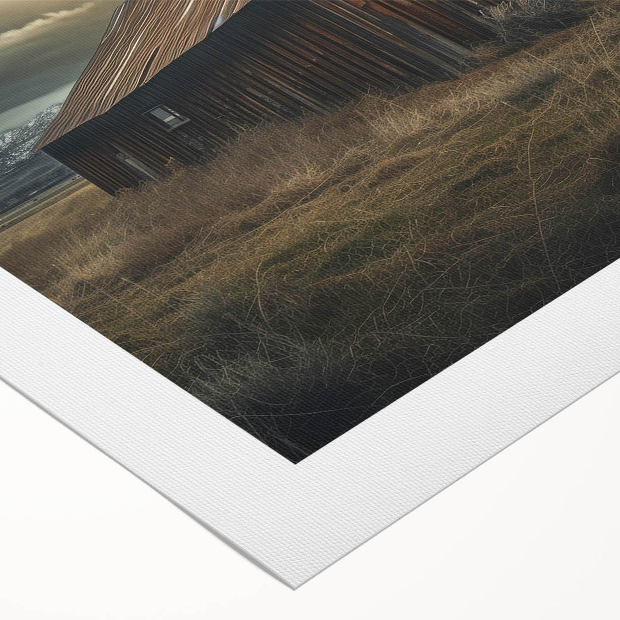 Colorful rolled canvas showcasing a serene landscape of a rustic barn surrounded by lush greenery, designed for wall art collection, perfect for home decor.