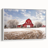 Framed canvas wall art showcasing a serene landscape with a rustic barn, highlighted by soft pastel colors, perfect for home decor and interior design inspiration.