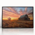 Framed acrylic wall art showcasing a picturesque landscape with a rustic barn, highlighted by vibrant colors and a sleek black frame, perfect for home decor.