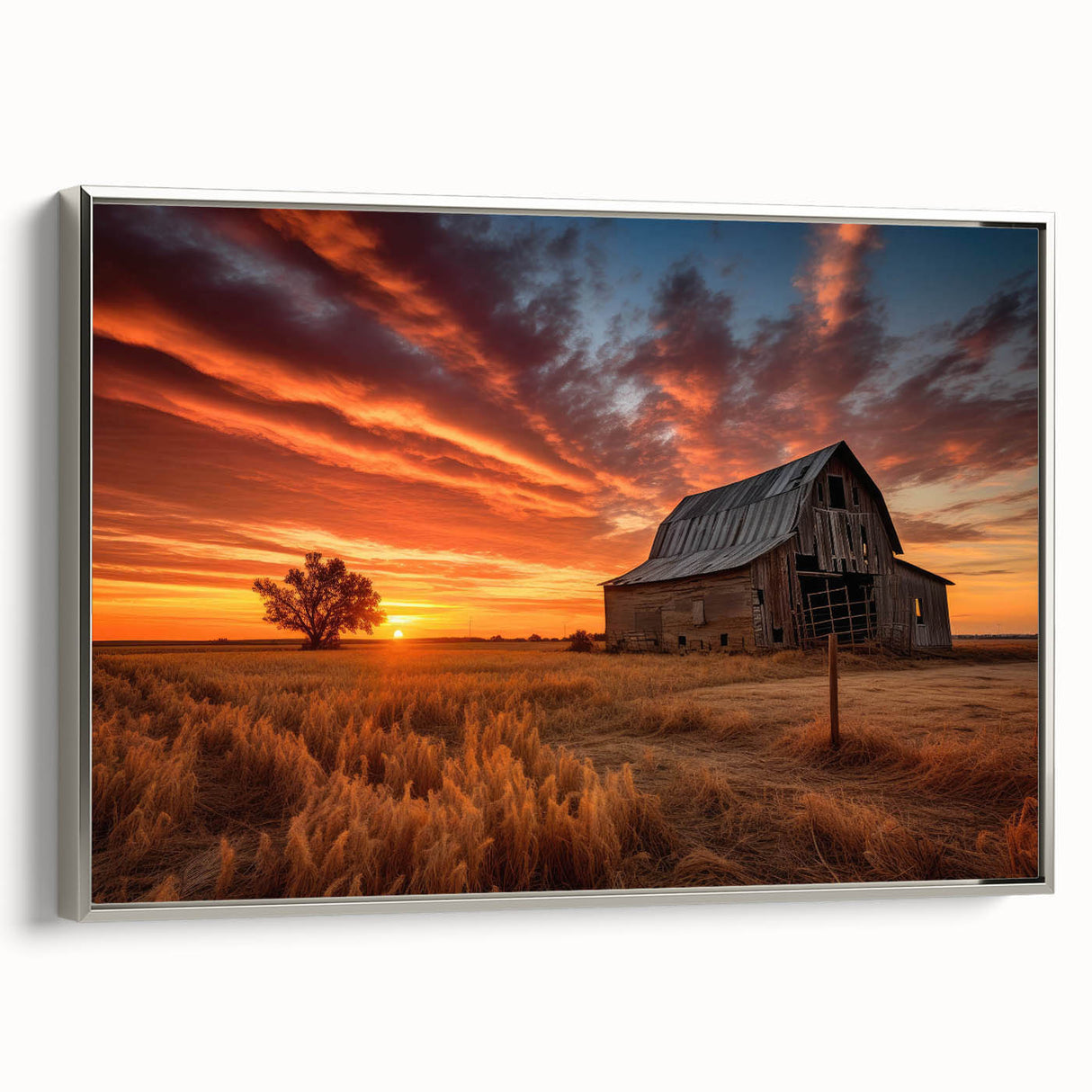 Framed canvas wall art showcasing a serene landscape with a rustic barn, highlighted by silver accents, ideal for home decor enthusiasts seeking nature-inspired designs.