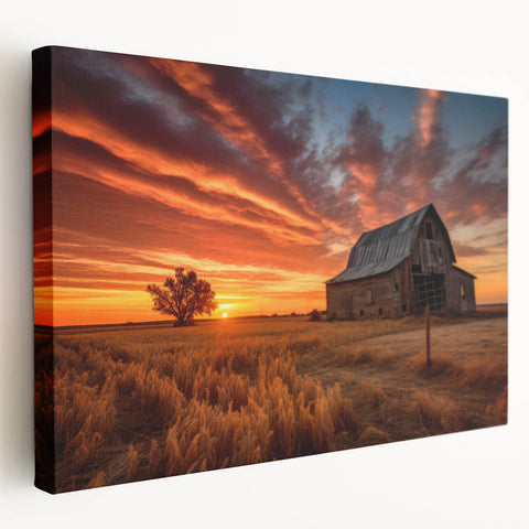 Stretched canvas wall art showcasing a serene landscape with rustic barns surrounded by vibrant greenery, ideal for enhancing home decor with a natural aesthetic.