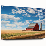 Acrylic glass wall art showcasing a vibrant landscape of a rustic barn surrounded by lush greenery, ideal for home decor. Perfect for adding a touch of nature to any space.