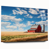 Acrylic glass wall art showcasing a serene landscape with a rustic barn, featuring vibrant colors and a modern design, perfect for enhancing home decor.