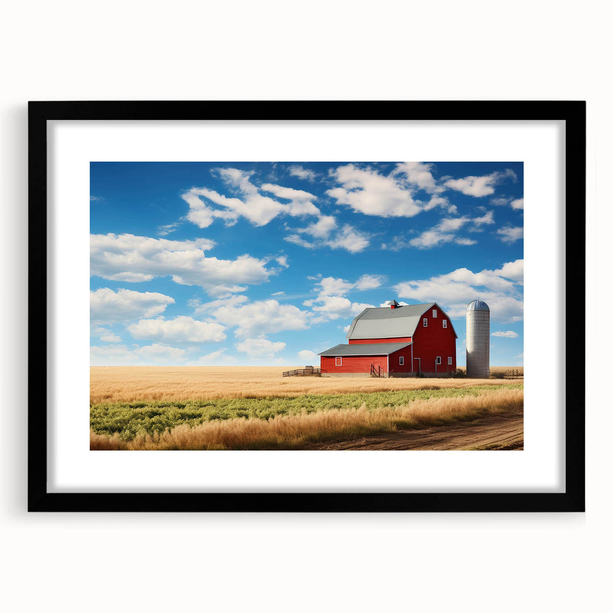 Framed wall art featuring a serene landscape scene with rustic barns, set in a black frame with a white mat, ideal for home decor enthusiasts seeking nature-inspired designs.