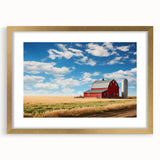 Framed wall art collection showcasing a scenic landscape depiction of a rustic barn, featuring a gold mat border, ideal for enhancing home decor aesthetics.