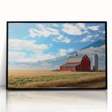 Framed acrylic wall art featuring a picturesque barn landscape design with vibrant colors, showcasing serene rural scenery, perfect for home decor enhancement.