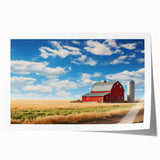 Stunning rolled print of a picturesque barn landscape, showcasing vibrant colors and detailed textures, ideal for rustic home decor and wall art collections.