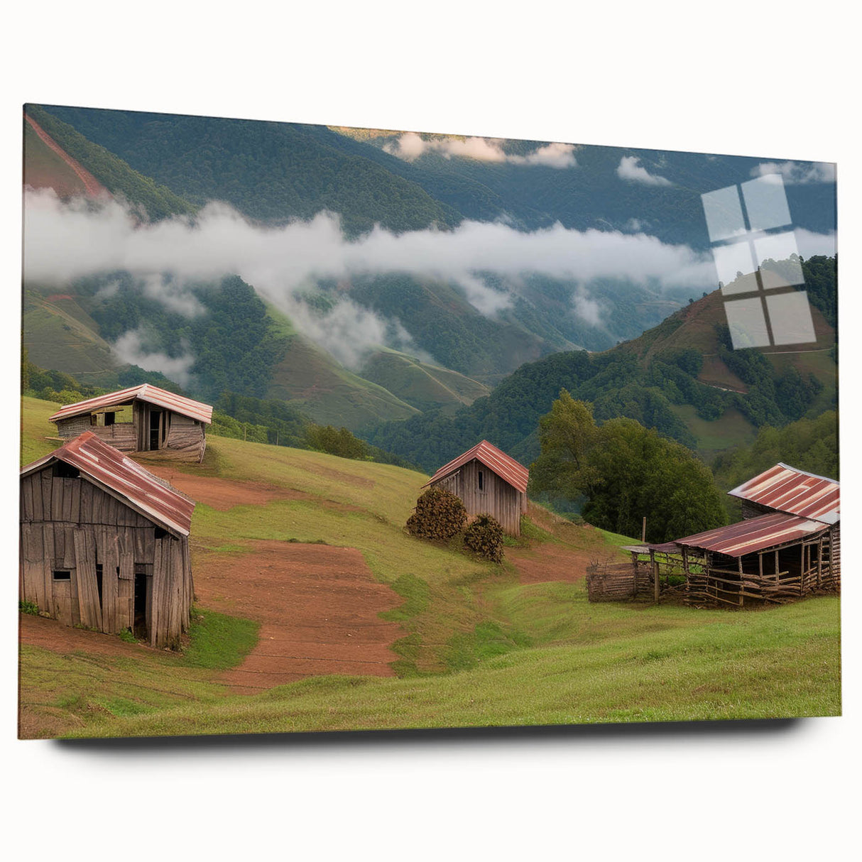 Acrylic glass wall art collection showcasing a vibrant landscape with rustic barns, displayed in a side view without pins, ideal for home decor.