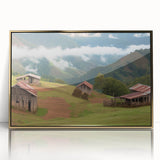Framed acrylic wall art showcasing a stunning landscape of rustic barns, highlighted with gold accents, perfect for home decor. Ideal for adding warmth and charm to any room.