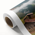 Rustic landscape wall art featuring a serene barn scene surrounded by vibrant greenery and a blue sky, presented on high-quality rolled canvas for easy display.