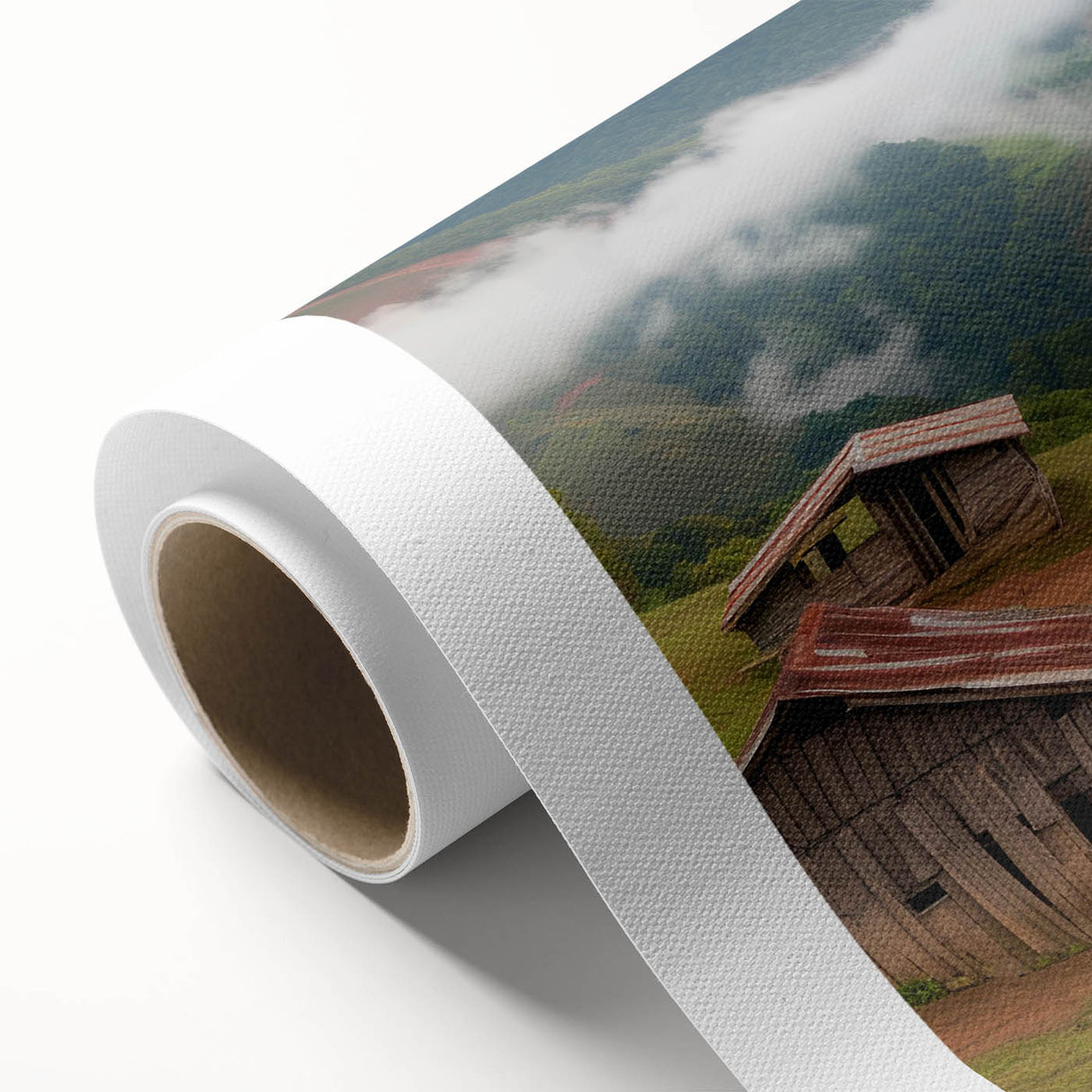 Rustic landscape wall art featuring a serene barn scene surrounded by vibrant greenery and a blue sky, presented on high-quality rolled canvas for easy display.