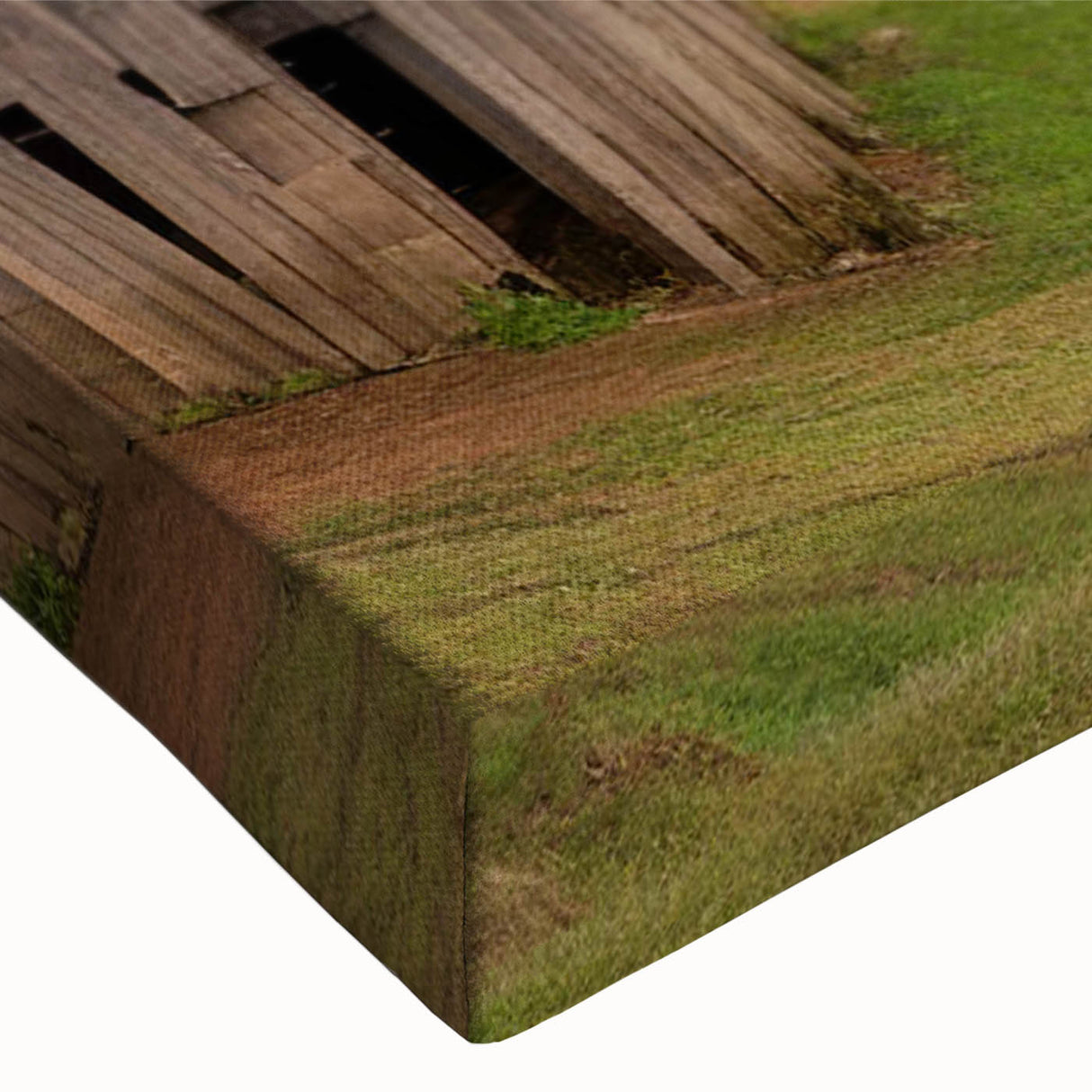 Close-up of a vibrant stretched canvas wall art piece featuring a rustic barn landscape design, showcasing rich colors and intricate textures, ideal for home decor enhancement.