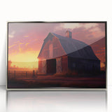 Framed acrylic wall art showcasing a serene landscape with a rustic barn, featuring vibrant colors and intricate details, perfect for home decor.