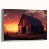 Framed canvas wall art showcasing a serene landscape with rustic barns, set against a vibrant sunset. The silver frame enhances the artwork's elegance, perfect for home decor.