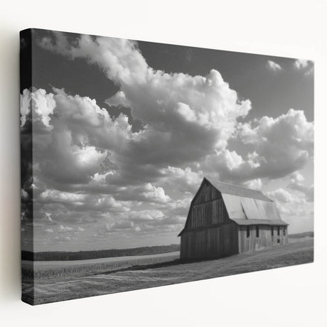Stretched canvas wall art showcasing a vibrant landscape with rustic barns under a clear blue sky, ideal for home decor and farmhouse aesthetics. Perfect for adding a serene touch to living spaces.
