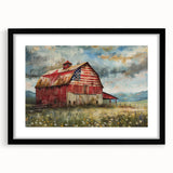 Framed wall art collection featuring a serene landscape with a rustic barn, black matting, and a sleek black frame, ideal for home decor enhancement.