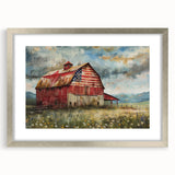 Framed wall art collection showcasing serene landscapes and rustic barns, featuring a silver frame with matting, ideal for home decor enhancement.