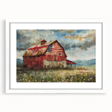 Framed wall art collection showcasing a serene landscape with rustic barns, set in a white mat for a modern aesthetic; ideal for enhancing home decor.